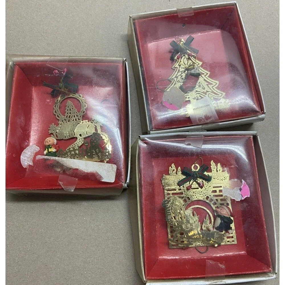 Vintage KMart Gold Metal Ornament Lot Laser Cut 2.5 inch with boxes Lot of 3